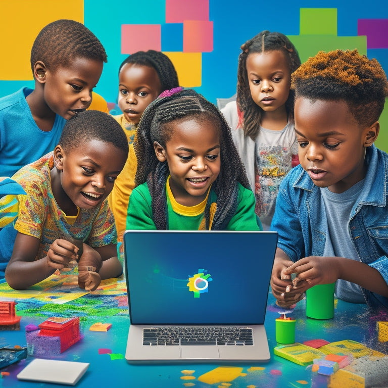 A colorful illustration of diverse kids aged 6-12 gathered around a laptop, tablets, and desktops, enthusiastically playing and creating Scratch games, surrounded by coding blocks, sprites, and creative chaos.