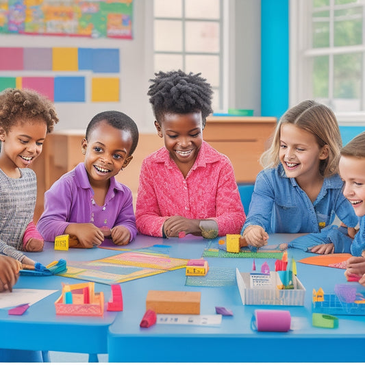 Illustrate a vibrant, clutter-free classroom with 6-7 diverse, smiling 1st-grade students gathered around a table, surrounded by colorful math worksheets, pencils, and a few blocks, with a subtle, inspirational background.