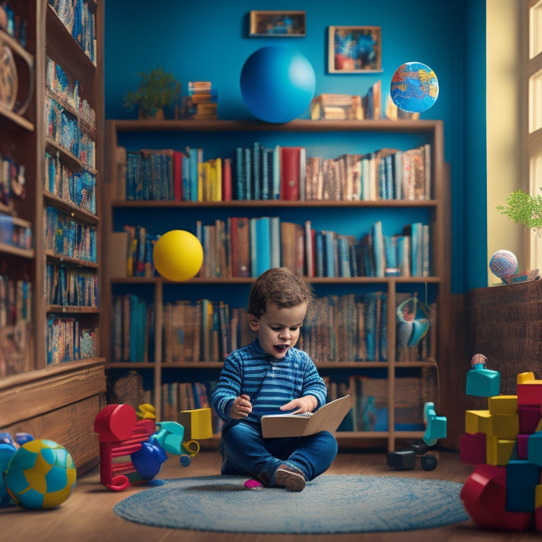 A whimsical illustration of a young child surrounded by interactive learning tools: building blocks, puzzles, colorful balls, and a miniature globe, amidst a subtle background of bookshelves and a learning tree.