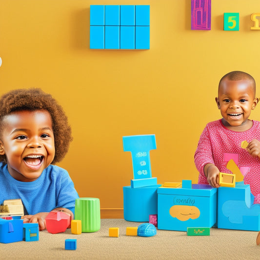 A colorful illustration of a smiling 1st grader surrounded by math-themed toys and objects, such as blocks, counting bears, and a geometric-shaped puzzle, amidst a subtle background of numbers and shapes.