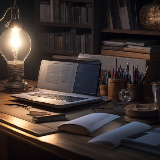 A serene, clutter-free desk with a laptop, open math textbook, and a few neatly arranged pencils, surrounded by subtle, glowing light bulbs representing illumination and understanding.