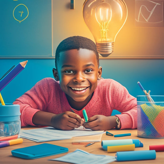 A colorful illustration of a 3rd-grade student sitting at a desk, surrounded by math problem-filled worksheets, pencils, and a tablet with a math app open, with a confident smile and a lightbulb moment above their head.