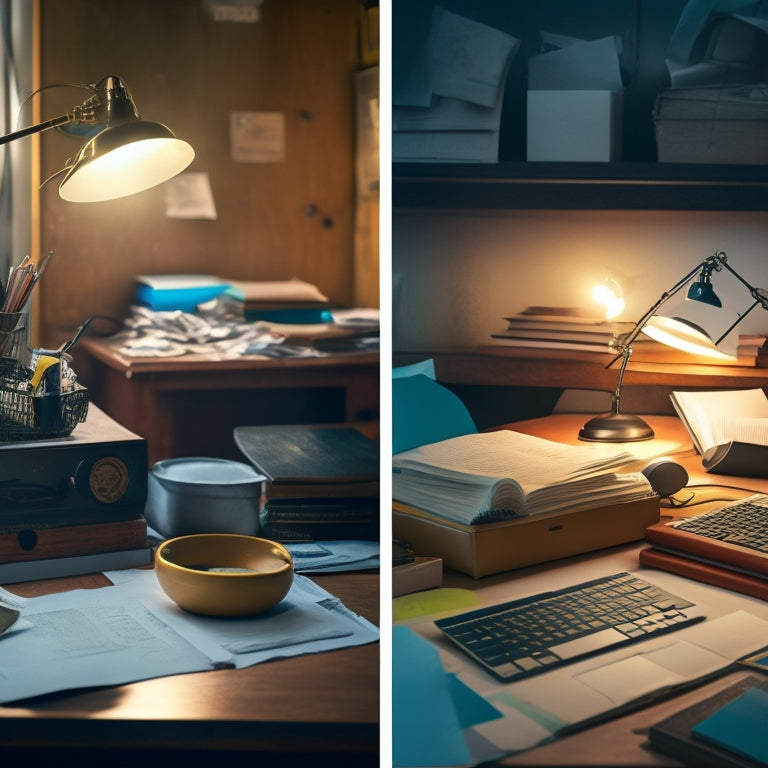 A split-screen image featuring a cluttered, dimly lit desk on the left, littered with crumpled papers and scattered devices, versus a tidy, well-lit workspace on the right, with a single laptop and a pair of reading glasses.