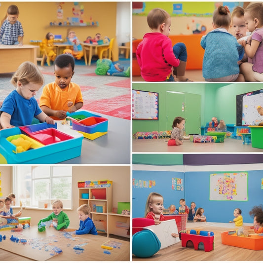 A colorful kindergarten classroom filled with diverse students, aged 5-6, engaged in various interactive activities: building blocks, painting, playing with playdough, and using educational tablets with bright screens.