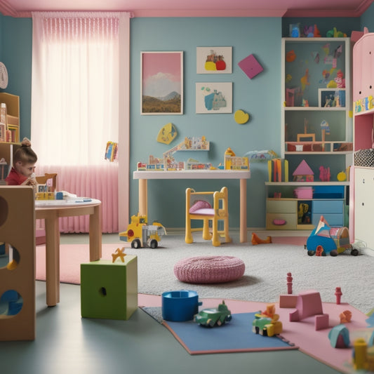 A colorful, clutter-free playroom with a curious preschooler surrounded by educational toys, blocks, and puzzles, with a subtle background of alphabet letters and numbers in pastel hues.