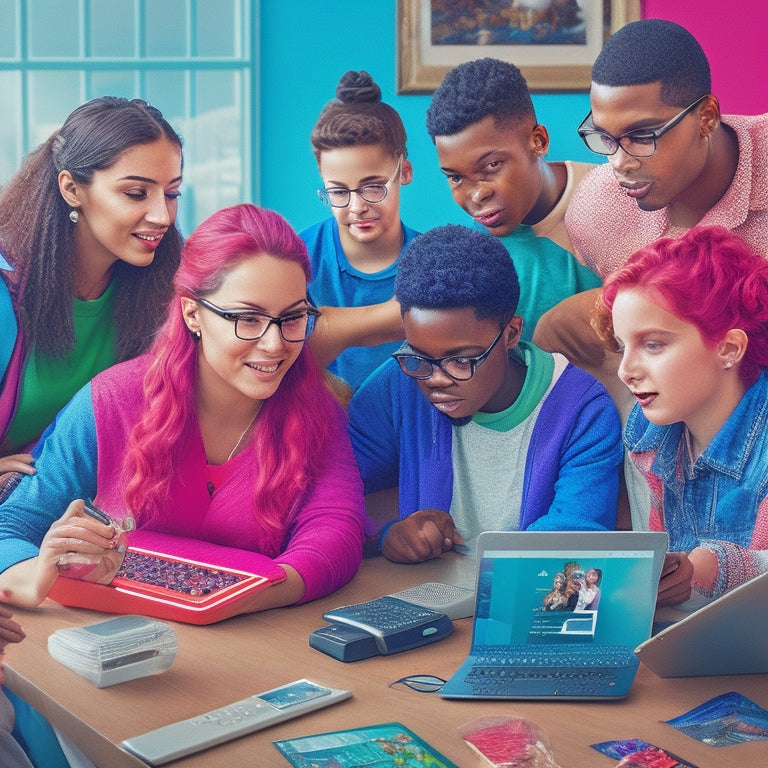 A colorful illustration featuring a diverse group of students with visual impairments using various digital tools, such as tablets, laptops, and assistive devices, in a collaborative and inclusive learning environment.