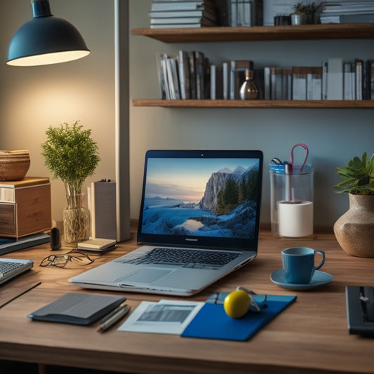 A serene, organized desk with a laptop, notebook, and pens, surrounded by subtle, calming background elements, such as a blurred bookshelf or a faint, inspirational quote on the wall.