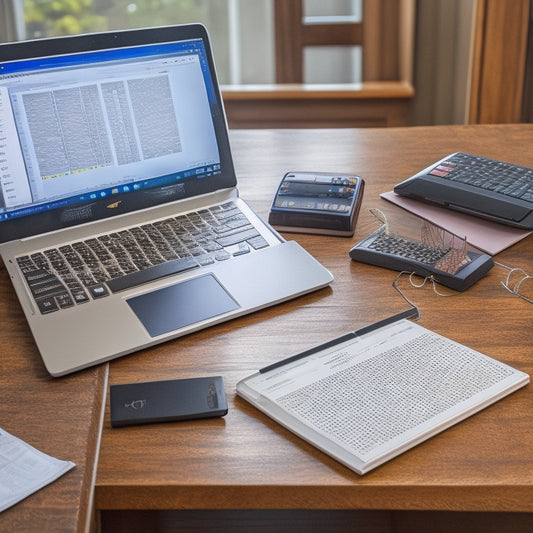 A laptop and tablet side by side, both displaying interactive math graphs and charts, surrounded by open textbooks, scattered notes, and a few scattered calculator keys on a cluttered desk.