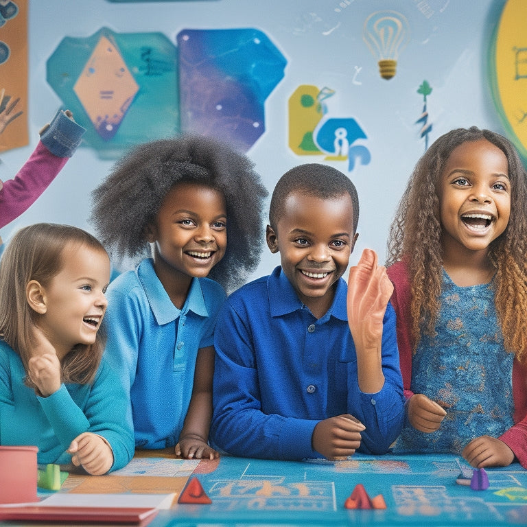 A vibrant illustration of a diverse group of children gathered around a interactive whiteboard, surrounded by math symbols and shapes, with confident smiles and engaged expressions.