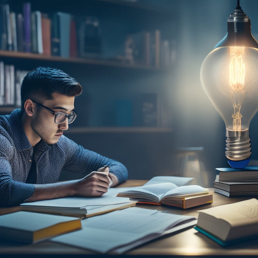 An illustration of a student sitting at a desk, surrounded by scattered books and papers, with a glowing lightbulb above their head, connected to a rising bar graph in the background.