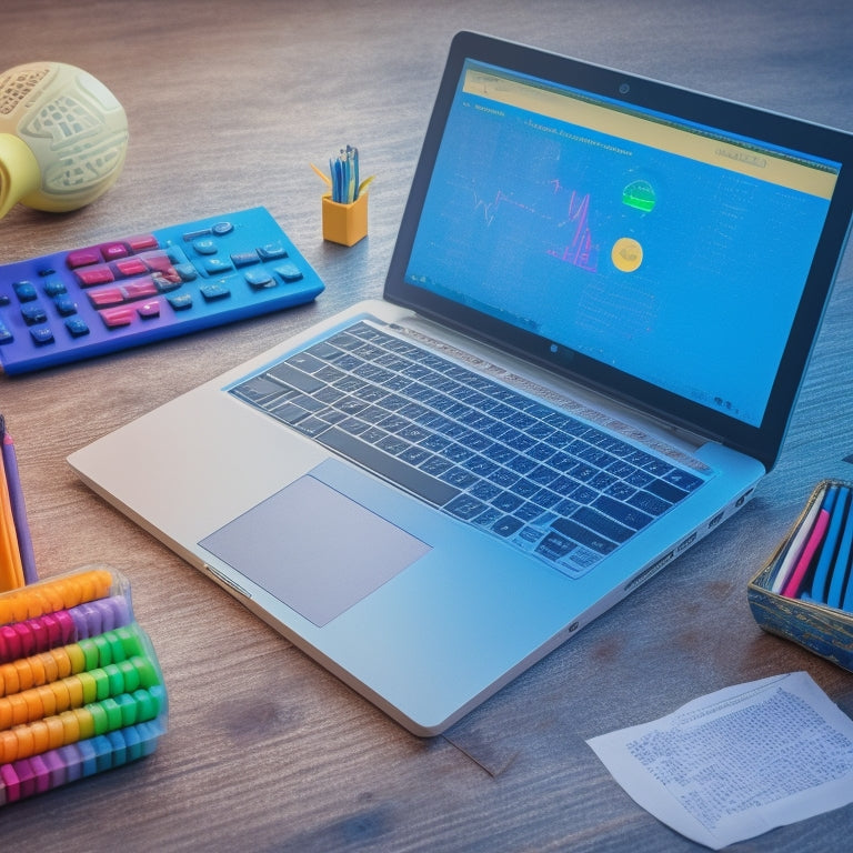 A colorful illustration of a laptop surrounded by various math symbols and shapes, with a subtle background grid, and a few scattered pencils and a calculator nearby, with a subtle glow effect.