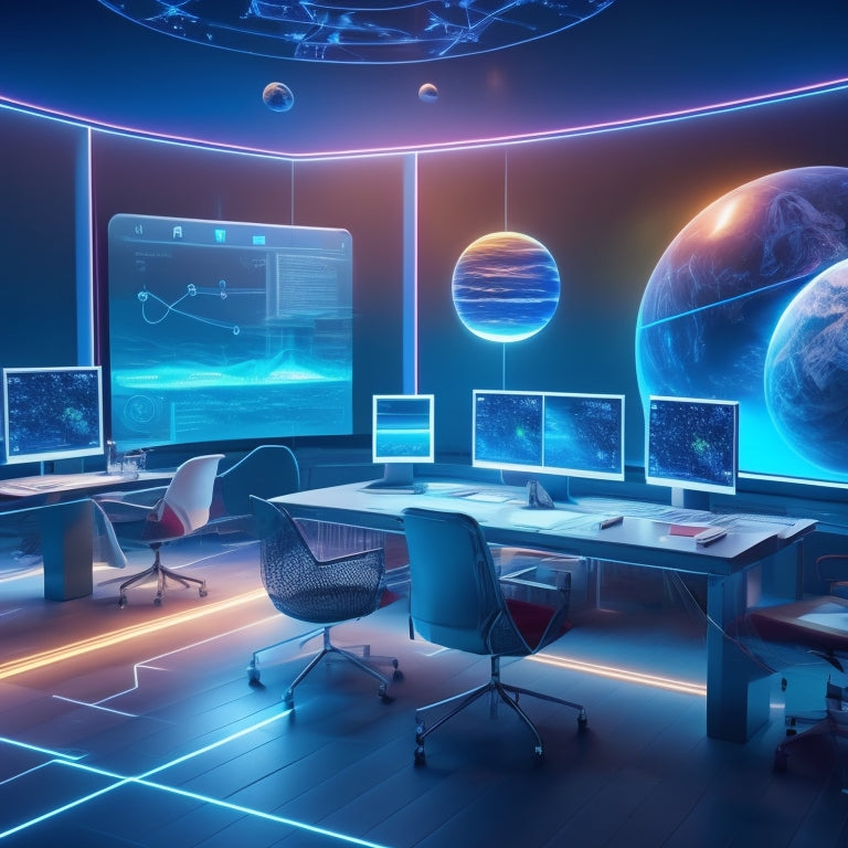 A futuristic virtual classroom with 3D holographic screens displaying molecules, planets, and mathematical equations, surrounded by floating laptops and tablets with glowing screens.