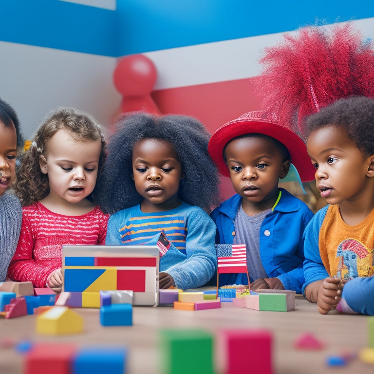 An illustration of a diverse group of preschoolers aged 3-5, gathered around a tablet, eyes wide with wonder, surrounded by colorful blocks, toys, and flags from different countries.