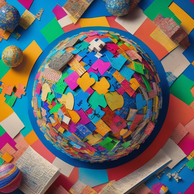 A vibrant, abstract mosaic of interconnected puzzle pieces in diverse colors and shapes, forming a globe, surrounded by floating paper scrolls and quill pens in mid-air.