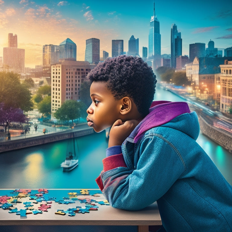 A colorful illustration of a confident 9-year-old with a thought bubble, surrounded by scattered puzzle pieces, solved brain teasers, and a subtle cityscape in the background, conveying problem-solving and critical thinking.