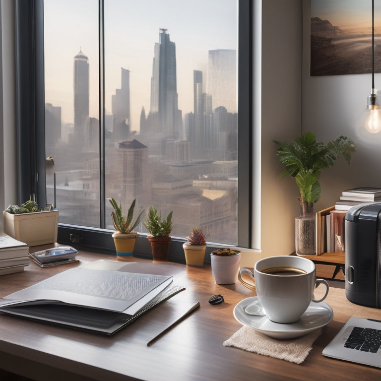 An illustration of a serene, organized home workspace with a laptop open to a virtual whiteboard, surrounded by scattered math textbooks and a steaming cup of coffee, with a subtle cityscape outside the window.