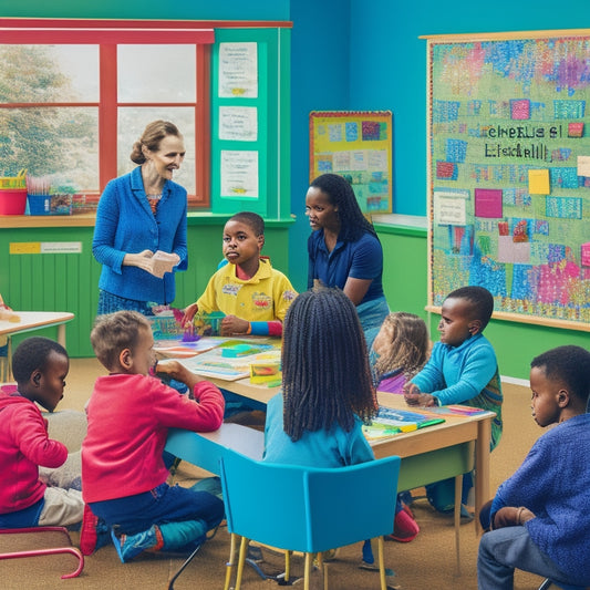 A colorful, clutter-free illustration of a warm and inviting classroom with a gentle teacher guiding a diverse group of special needs children engaged in various math activities, using manipulatives and visual aids.