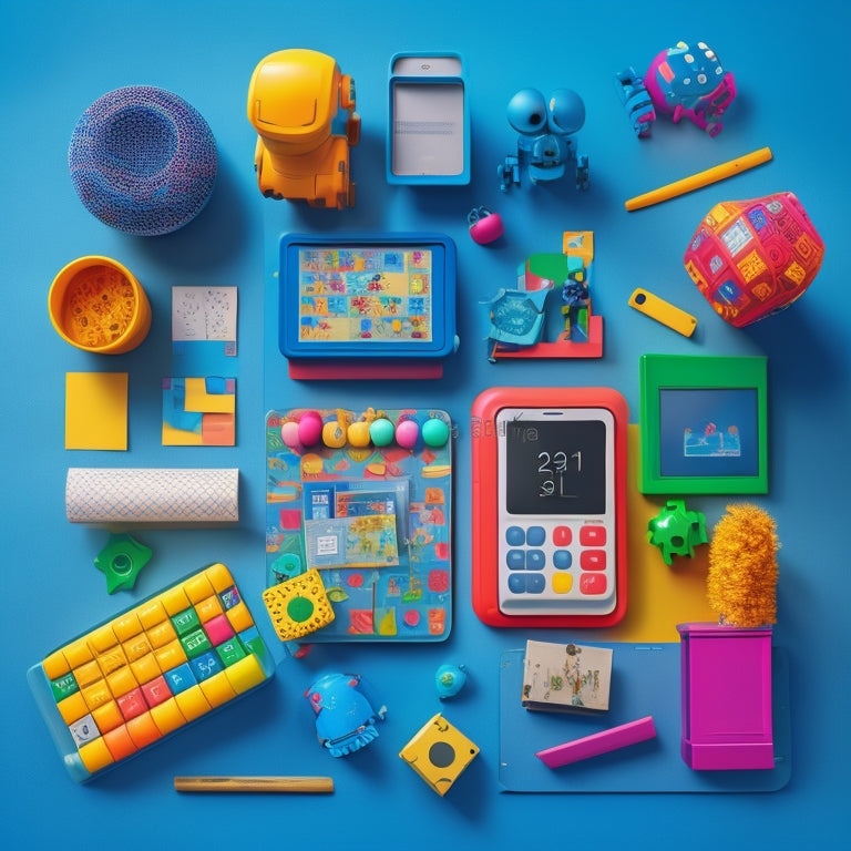 A colorful, clutter-free desk with a variety of virtual math educational toys, including a tablet with a math app, a robot, and 3D shapes, surrounded by happy, curious kids' faces and hands.