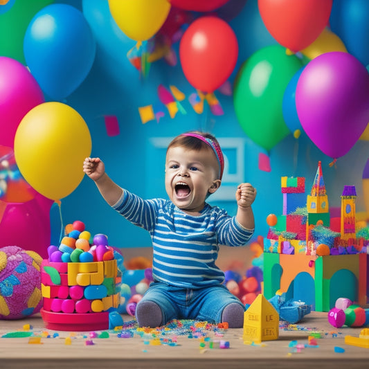 A colorful, whimsical illustration of a delighted 4-year-old surrounded by a variety of toys, including building blocks, stuffed animals, and a miniature kitchen, with confetti and balloons in the background.