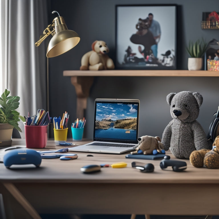 A serene and organized home workspace with a laptop, headphones, and a few favorite toys nearby, surrounded by a blurred background of a happy child learning remotely.