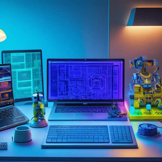 A desktop with a laptop and tablet side by side, each with a different coding app open, surrounded by colorful coding blocks, wires, and robotic figurines, set against a bright blue background with subtle circuit board patterns.