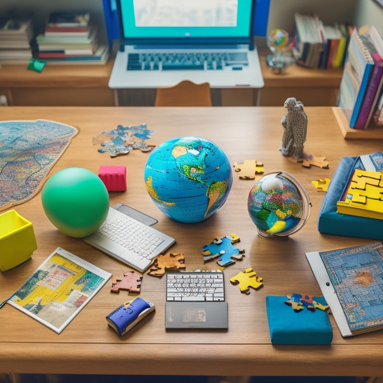 A colorful, clutter-free desk with a tablet, laptop, and desktop computer, surrounded by scattered puzzle pieces, building blocks, and a few open books, with a globe and a pencil holder in the background.