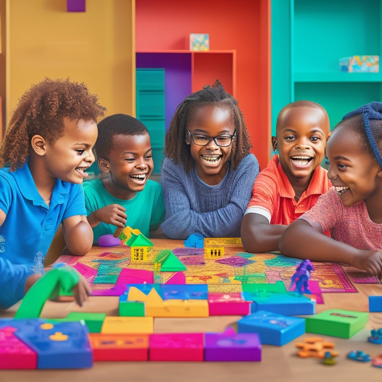 A colorful illustration of diverse children aged 6-12 gathered around a table, laughing and engaged, surrounded by math-themed board games, puzzles, and colorful blocks, with a subtle background of mathematical symbols.