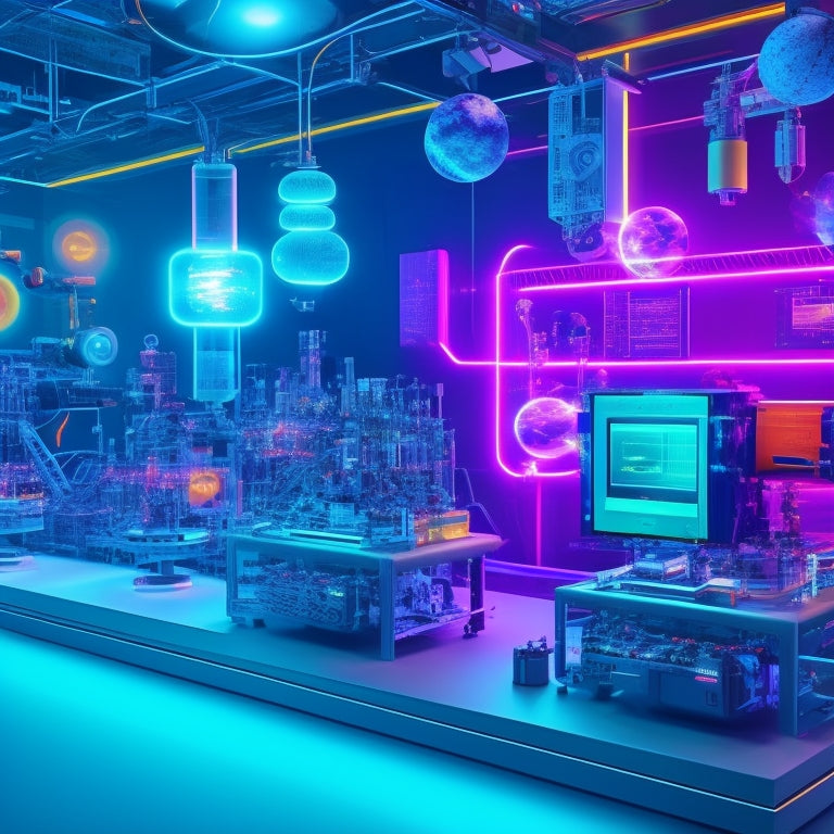 A futuristic laboratory background with various digital devices, virtual reality headsets, and robotic arms, surrounded by 3D models of molecules, planets, and cells, with colorful wires and glowing screens.