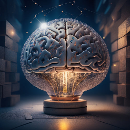 An illustration of a brain surrounded by mathematical symbols, puzzles, and geometric shapes in a maze-like structure, with sparks and lightbulbs bursting out, conveying intellectual excitement and challenge.