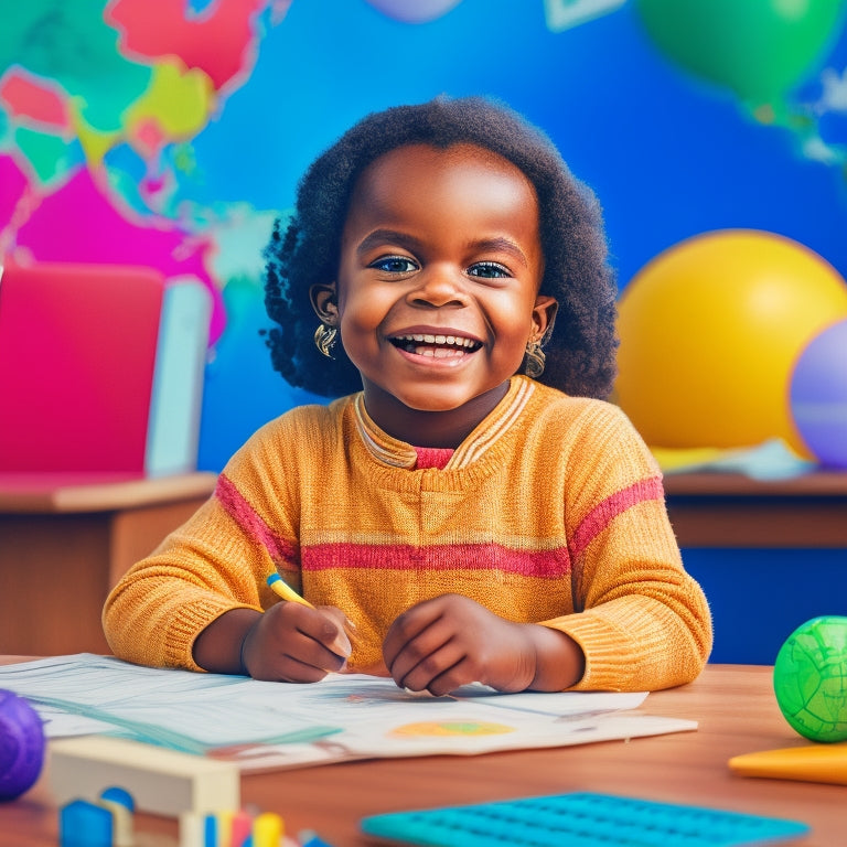 A colorful illustration of a smiling kindergarten student sitting at a desk, surrounded by digital devices and worksheets, with a globe, ABC blocks, and crayons in the background, amidst a subtle grid pattern.