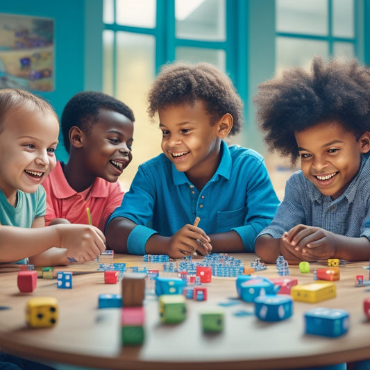 A colorful illustration of a group of diverse, smiling children gathered around a table, surrounded by dice, math worksheets, and pencils, engaged in a fun and lively math game.