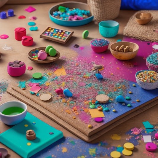 A colorful, clutter-free tabletop scene featuring the Gobblet game board, wooden playing pieces, and a few overturned gobblets, surrounded by scattered game instructions and joyful, abstract splashes of confetti.