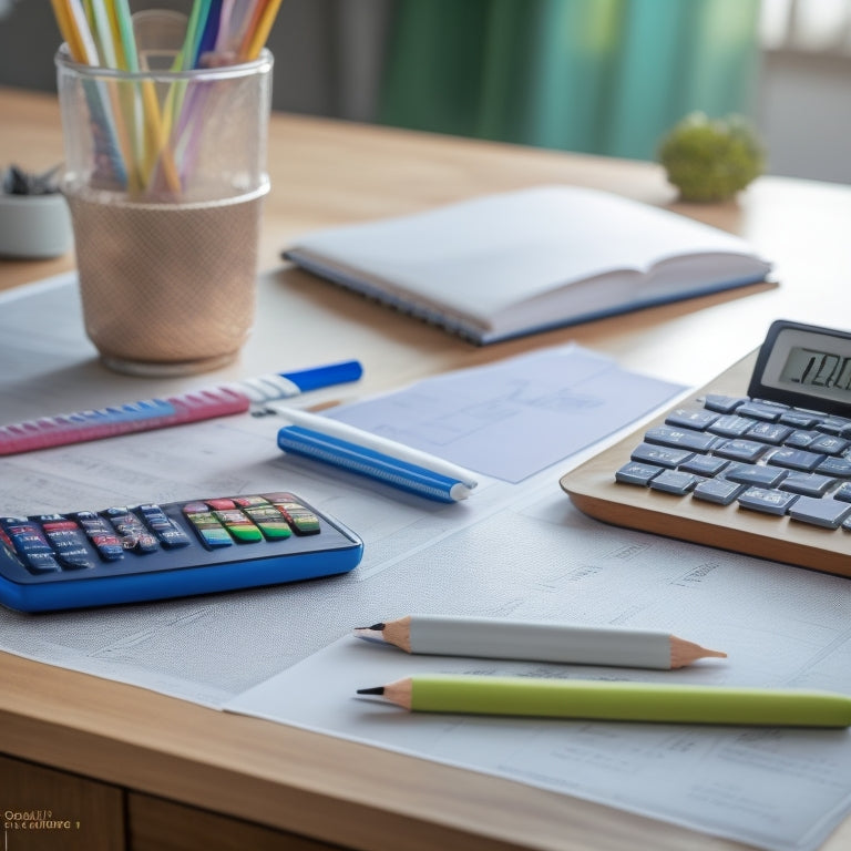 A serene, clutter-free desk with a partially solved math problem on a notebook, surrounded by a few neatly arranged pencils, a calculator, and a subtle, encouraging smile from a blurred-out tutor in the background.