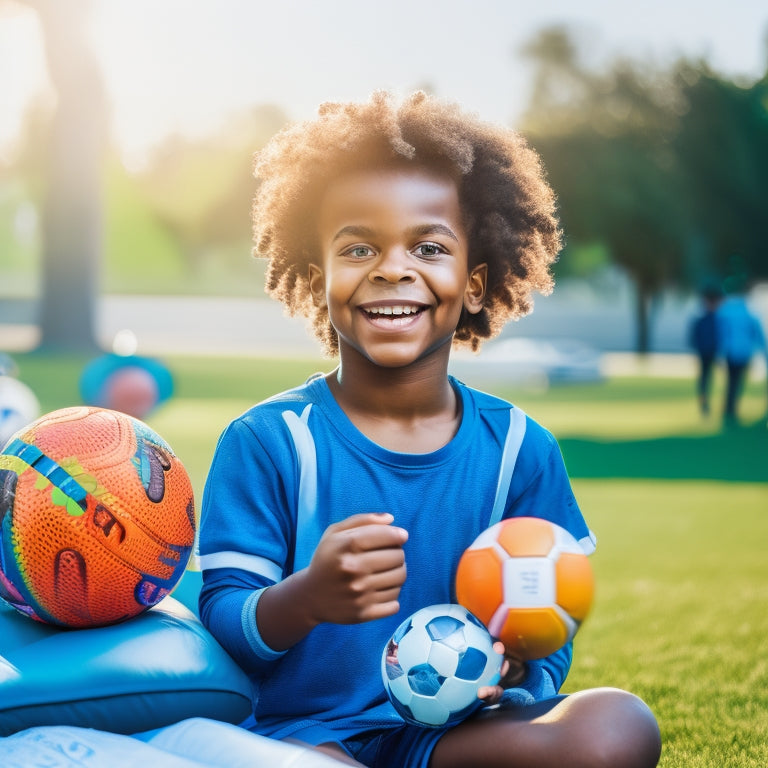 A colorful illustration of a smiling kid wearing a fitness tracker and holding a tablet, surrounded by virtual fitness icons, balls, and sports equipment, set against a background of a bright, sunny park.