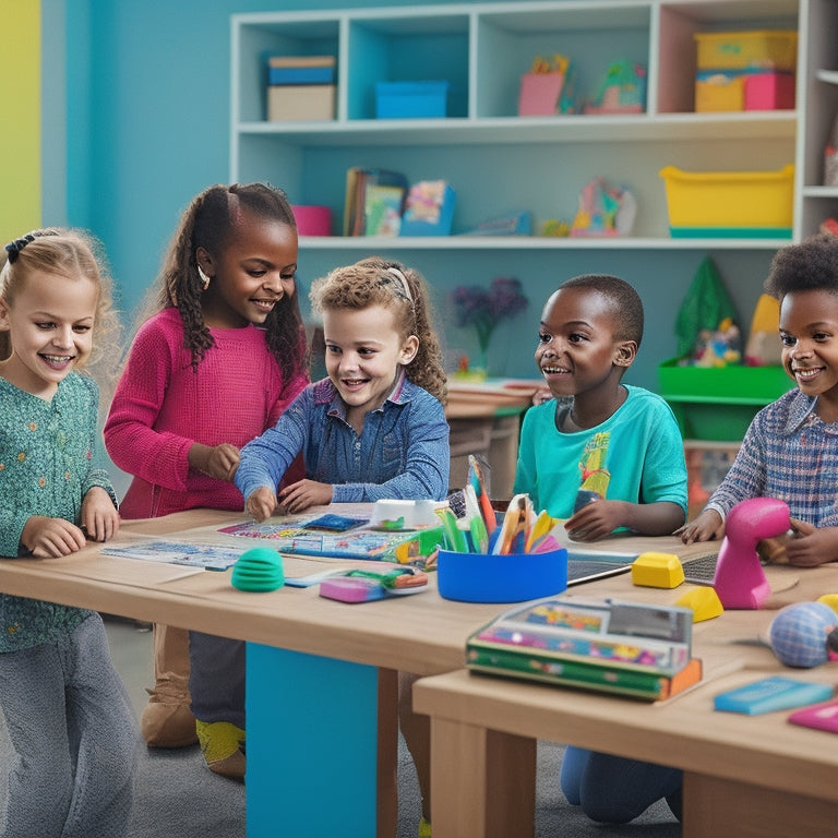 A colorful, clutter-free desk with a diverse group of happy children aged 4-10, surrounded by various educational digital toys, tablets, and laptops, all displaying engaging learning activities.