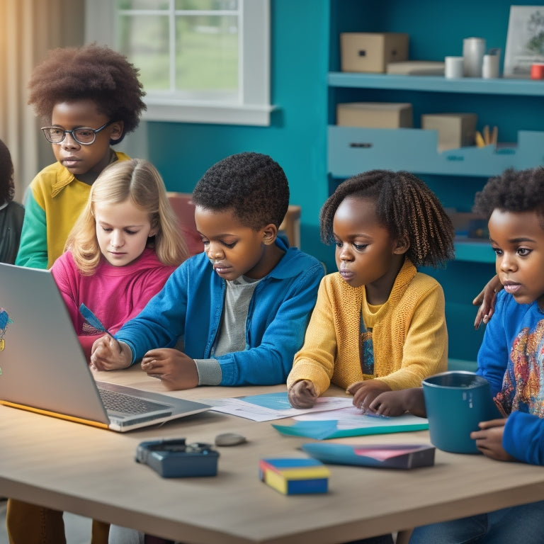 An illustration of a diverse group of children with varying learning disabilities, such as autism, ADHD, and dyslexia, sitting at a table with laptops and worksheets, surrounded by supportive virtual tutors.