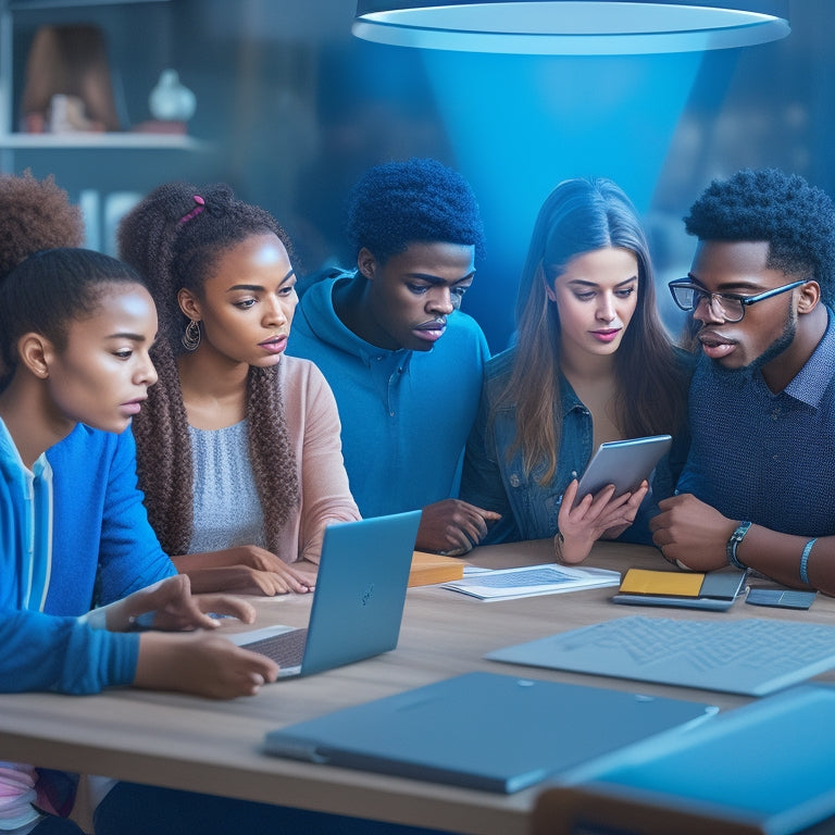 An illustration of a diverse group of students gathered around a virtual whiteboard, surrounded by laptops, tablets, and math tools, with a subtle glow of digital connections and supportive gestures.