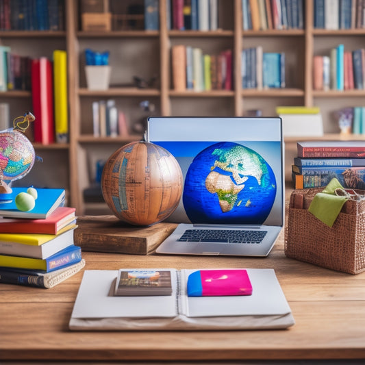 A colorful, organized desk setup with a laptop, tablet, and e-reader, surrounded by a globe, textbooks, and a few favorite toys, against a warm, natural wood background with a subtle bookshelf.