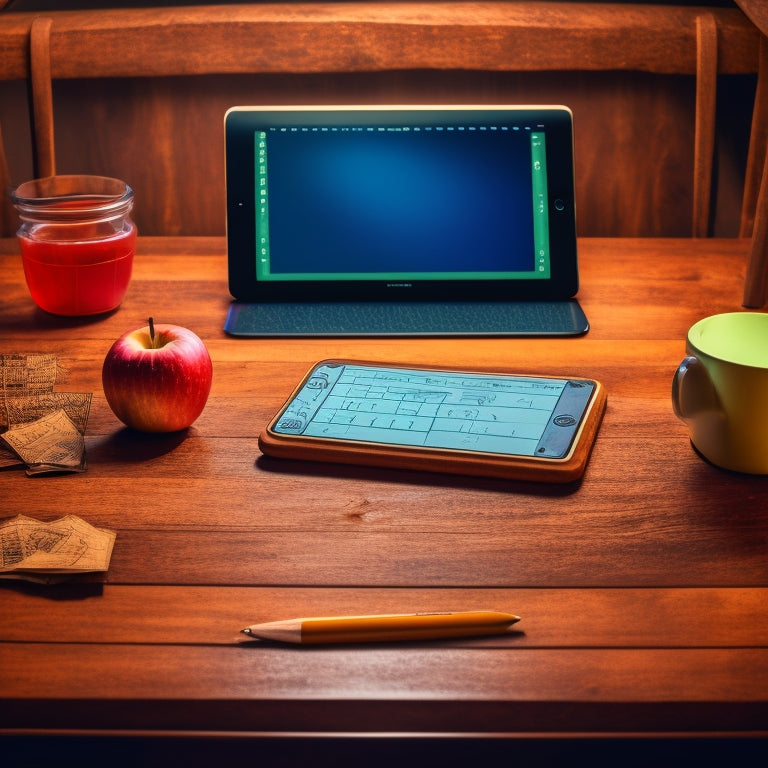 An iPad on a wooden desk, surrounded by scattered math worksheets, pencils, and a few strategically placed apples, with a subtle glow emanating from the screen showcasing a solved math problem.