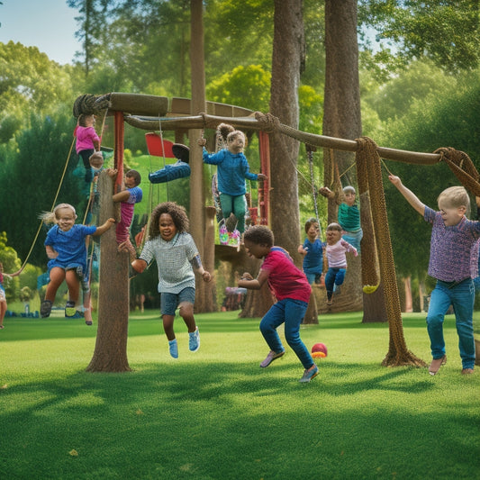 Vibrant playground scene with a curly slide, rope climbing wall, suspension bridge, and merry-go-round, surrounded by lush greenery, with children of diverse ages and abilities playing together.