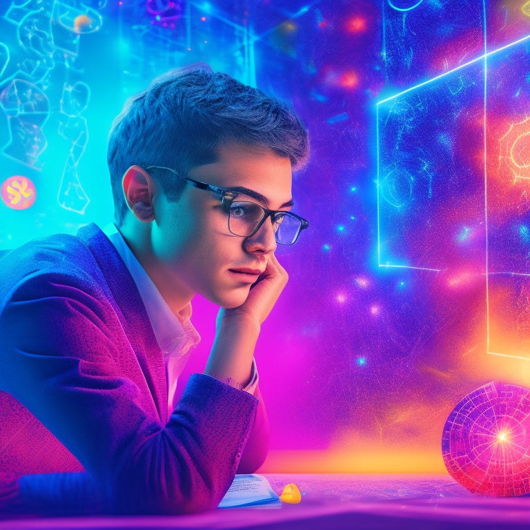 An illustration of a gifted student surrounded by swirling math symbols, numbers, and shapes, with puzzle pieces and brain teasers floating in the background, set against a bright, neon-lit digital landscape.