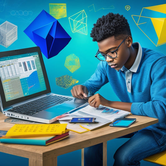 A split-screen illustration featuring a teenager working on a laptop on one side, surrounded by scattered math textbooks and calculators, and a digital math workspace on the other side, with geometric shapes and graphs floating in mid-air.