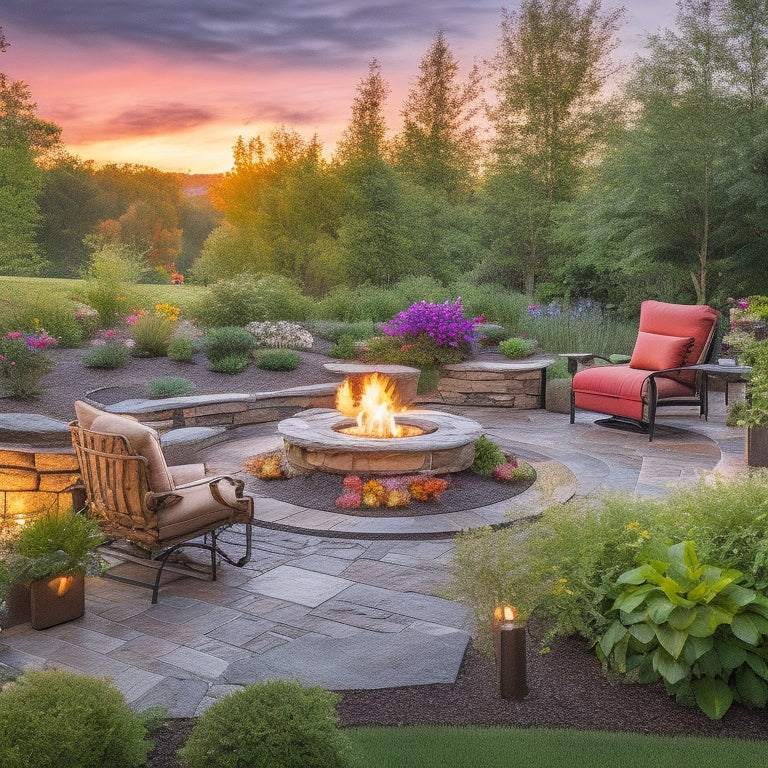 A serene backyard oasis featuring a natural stone patio, surrounded by lush greenery and vibrant flowers, with a statement fire pit and sleek outdoor furniture, set against a warm sunset backdrop.