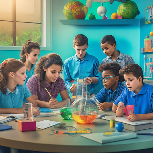 A colorful illustration of a middle school classroom with students gathered around a desk, eagerly holding tablets and pencils, surrounded by science-inspired props like beakers, globes, and microscopes.