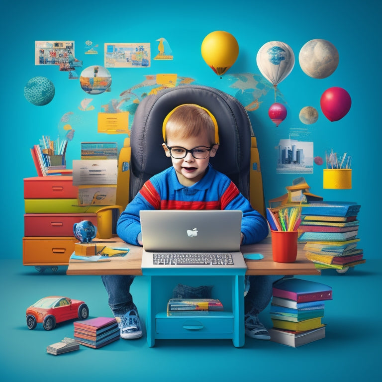 A colorful illustration of an elementary-aged child sitting at a desk, surrounded by laptops and tablets, with animated learning characters and icons from popular educational websites floating around them.
