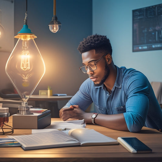 An illustration of a student sitting at a desk, surrounded by geometry textbooks and notes, with a laptop open to a geometric shape-filled screen, and a subtle lightbulb above their head.