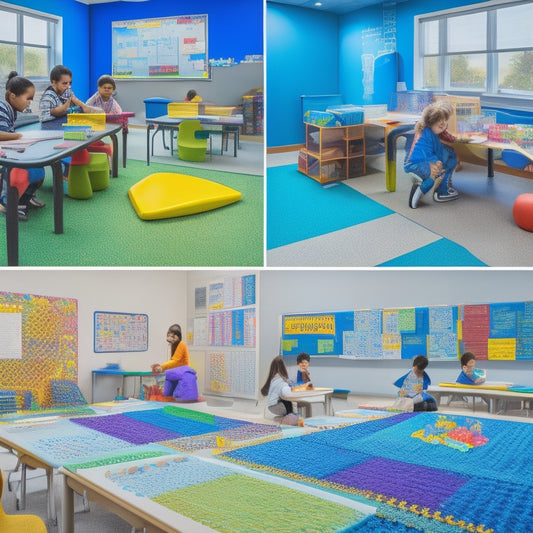 A vibrant, clutter-free classroom with diverse students aged 8-12, gathered around a large table, excitedly engaging with colorful math manipulatives, pattern blocks, and calculators, surrounded by inspirational math posters.