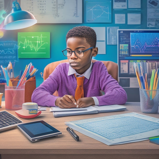 A colorful illustration of a 6th-grade student sitting at a desk, surrounded by various digital devices, with math problems and formulas displayed on screens, amidst a subtle background of mathematical shapes and graphs.