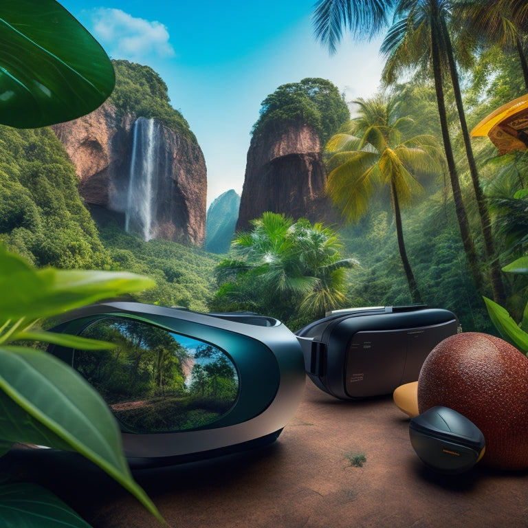 A futuristic, sleek virtual reality headset surrounded by diverse, vibrant icons representing various field trip destinations, including a historical monument, a lush rainforest, and a futuristic spaceship.