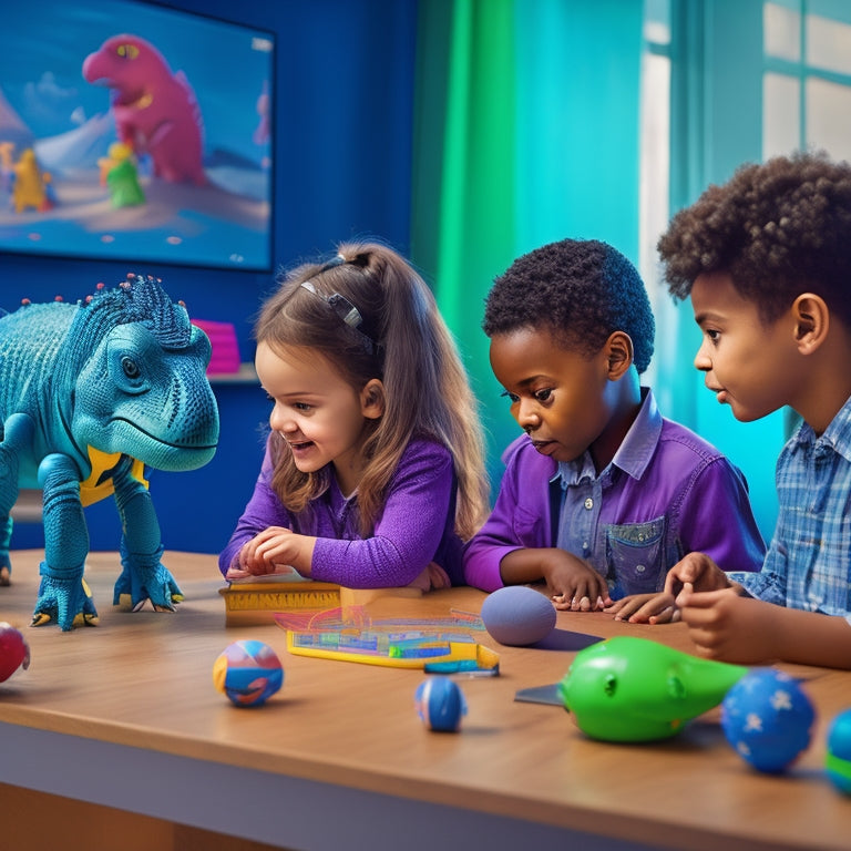 A colorful, futuristic classroom setting with Hasbro's new educational toys, including a robotic dinosaur, interactive globe, and augmented reality headset, surrounded by curious, diverse children engaged in active learning.